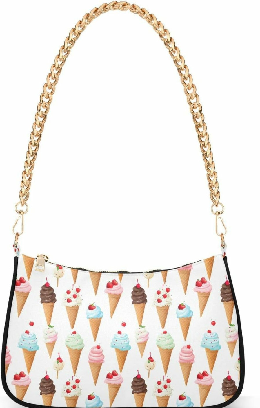 Hobo Handbags | Generic Ice-Cream Pattern Clutch Shoulder Bag For Women, Hobo Tote Handbag With Gold Chain, Crossbody Bag With Zipper Closure