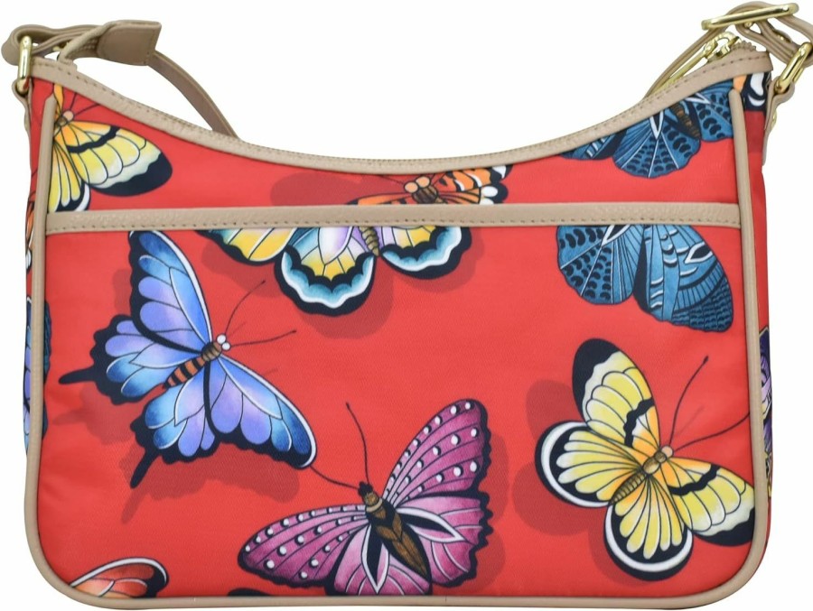 Hobo Handbags | Anuschka Anuschka East/West Hobo - Wanderlust Collection - Nylon Fabric With Genuine Leather Trim And Artwork Print