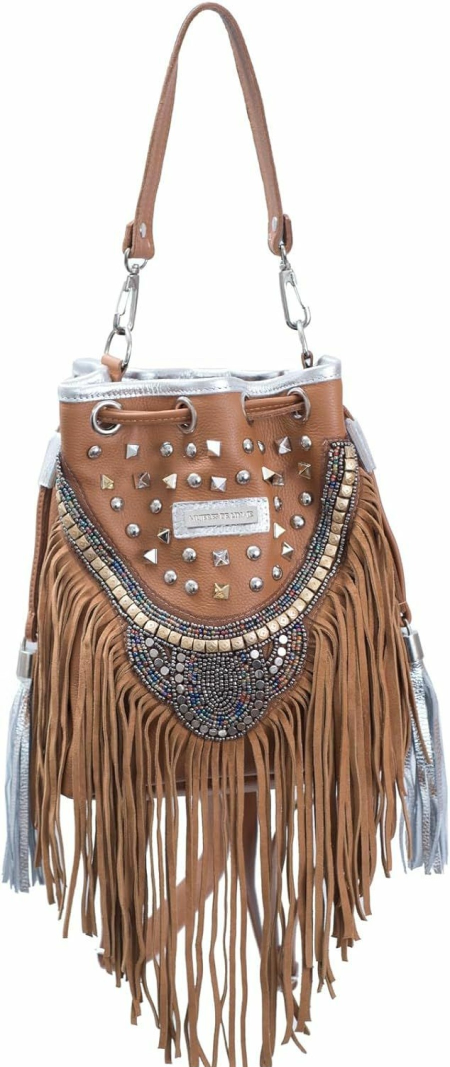 Hobo Handbags | Bequitas Bequitas Houston: Genuine Argentine Leather Hobo Bag Featuring Silver Leather Trim, Gold And Silver Rivets, Long Fringes And Embossed With Golden Beads. Color: Brown