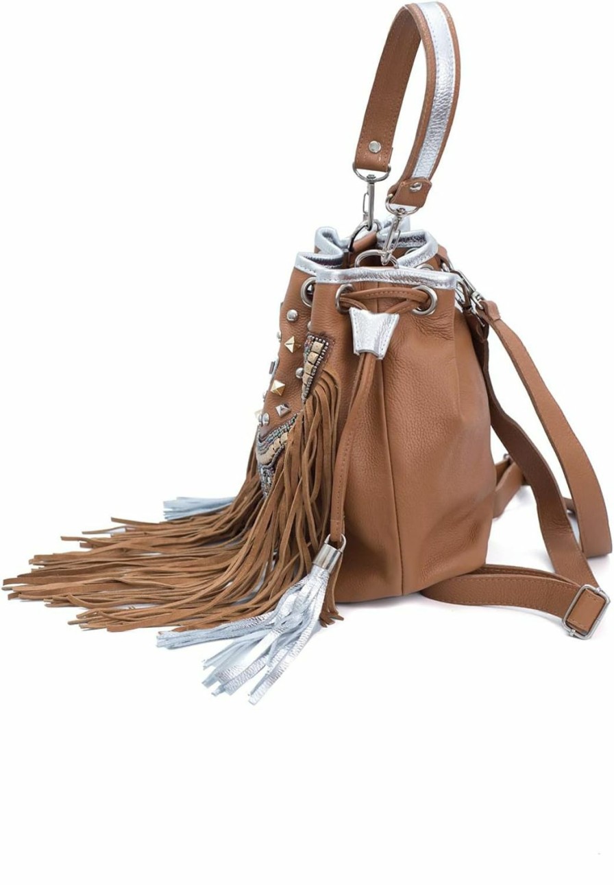 Hobo Handbags | Bequitas Bequitas Houston: Genuine Argentine Leather Hobo Bag Featuring Silver Leather Trim, Gold And Silver Rivets, Long Fringes And Embossed With Golden Beads. Color: Brown