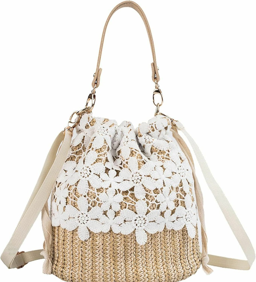 Hobo Handbags | Anopo Anopo Straw Shoulder Bag Women Drawstring Lace Woven Travel Handbag Rattan Bucket Summer Beach Hobo Bag Crossbody Tote Purse