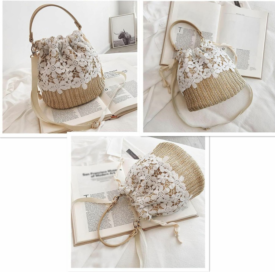 Hobo Handbags | Anopo Anopo Straw Shoulder Bag Women Drawstring Lace Woven Travel Handbag Rattan Bucket Summer Beach Hobo Bag Crossbody Tote Purse