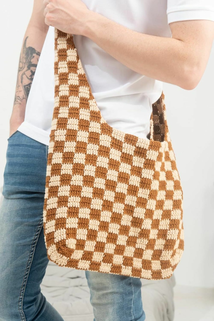 Hobo Handbags | Churi Churi Handmade Checkered Pattern Crochet Tote Bag, Aesthetic Hobo Shoulder Crochet Beach Bag