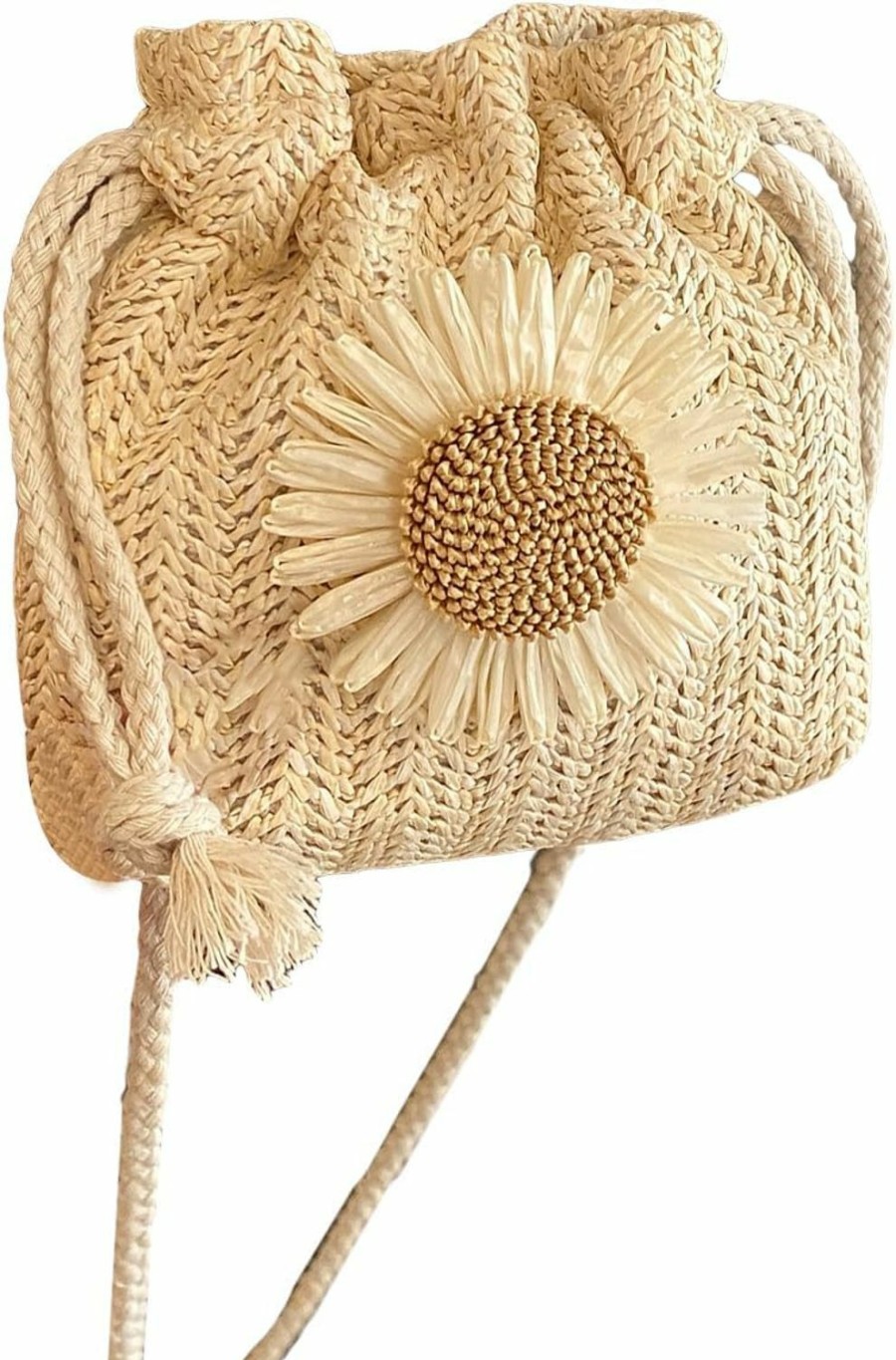 Hobo Handbags | OYOANGLE Oyoangle Women'S Floral Decor Straw Shoulder Bag Drawstring Hobo Bucket Purse Cute Beach Crossbody Bags