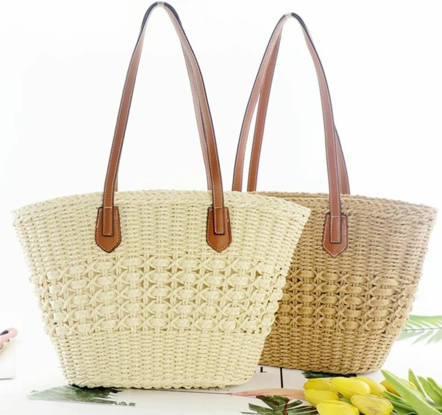 Hobo Handbags | Tellrain Women'S Straw Tote Bag Natural Woven Straw Beach Shoulder Bag Large Capacity Casual Handbags For Vocation