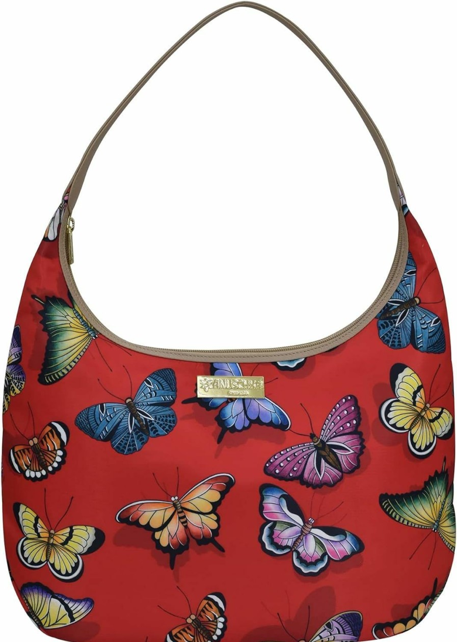 Hobo Handbags | Anuschka Anuschka Large Sling Hobo - Wanderlust Collection - Nylon Fabric With Genuine Leather Trim And Artwork Print