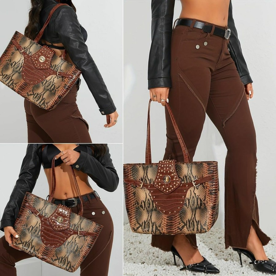 Hobo Handbags | Makcr Joacbv Makcr Joacbv Tote Bags For Women - Snake Printed Large Top Handle Handbags Designer Ladies Hobo Purse With Pockets Zipper