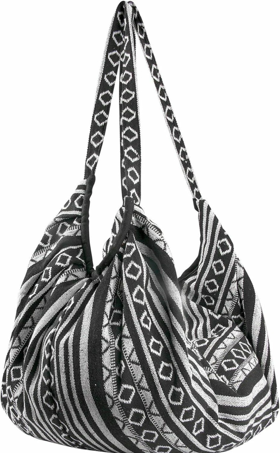 Hobo Handbags | Tribe Azure Fair Trade Tribe Azure Jacquard Cotton Shoulder Banana Style Fashion Travel Canvas Tote Bag Hobo Style Casual Market Purse Handbag (Black White)