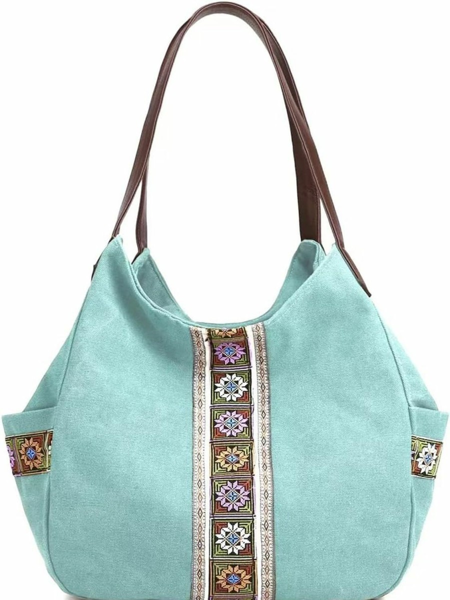 Hobo Handbags | Fashion Modern WORLDLYDA Worldlyda Women Canvas Hobo Purse Multi Pocket Tote Shopper Shoulder Bag Casual Top Handle Handbag With Embroidery Ethnic