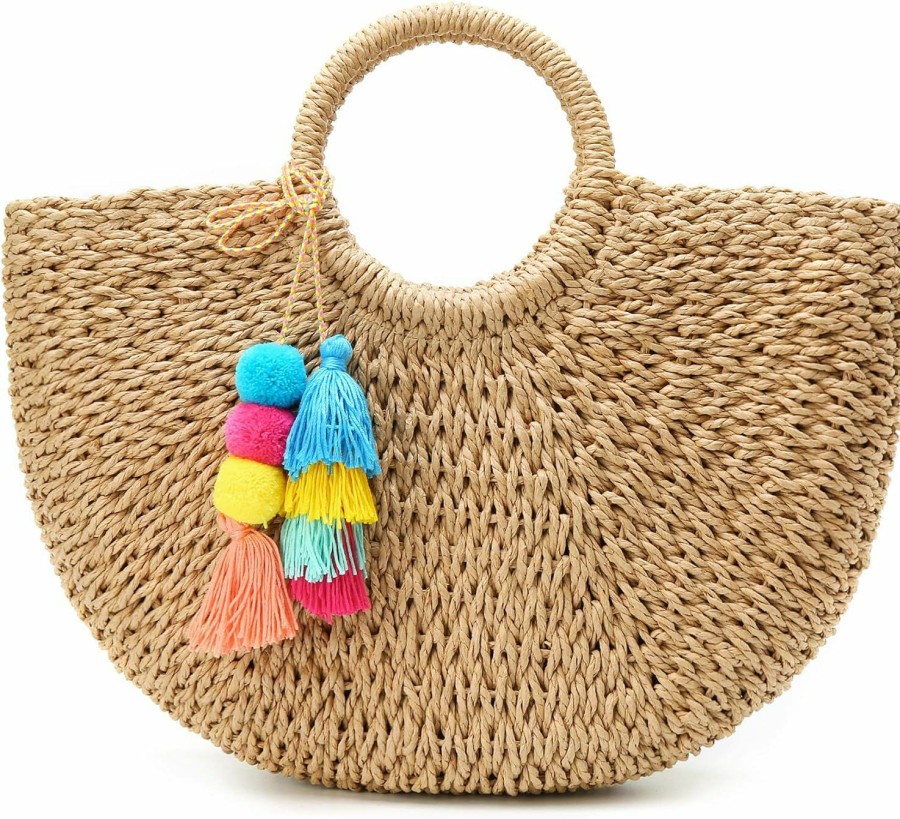 Hobo Handbags | Epsion Womens Large Straw Beach Tote Bag Hobo Summer Handwoven Bags Purse Wth Pom Poms