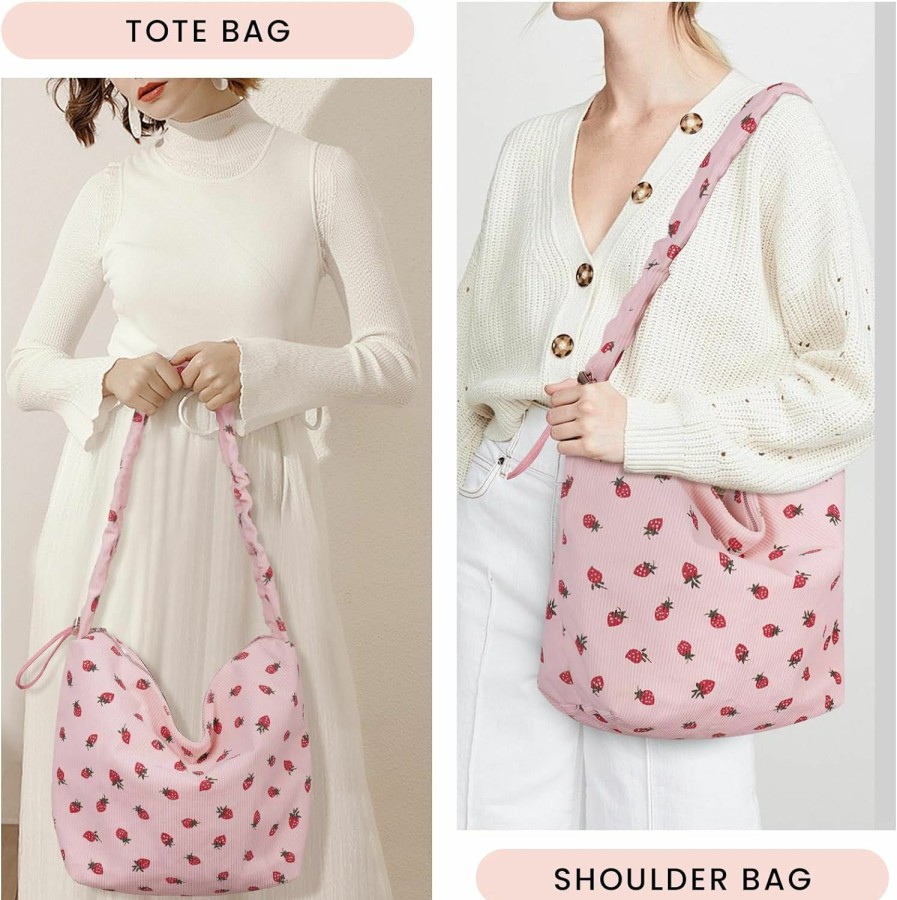 Hobo Handbags | GETERUUV Geteruuv Corduroy Tote Bag Cute Strawberry Purse Shoulder Bag For Women Aesthetic Tote Bag Hobo Purse With Zipper