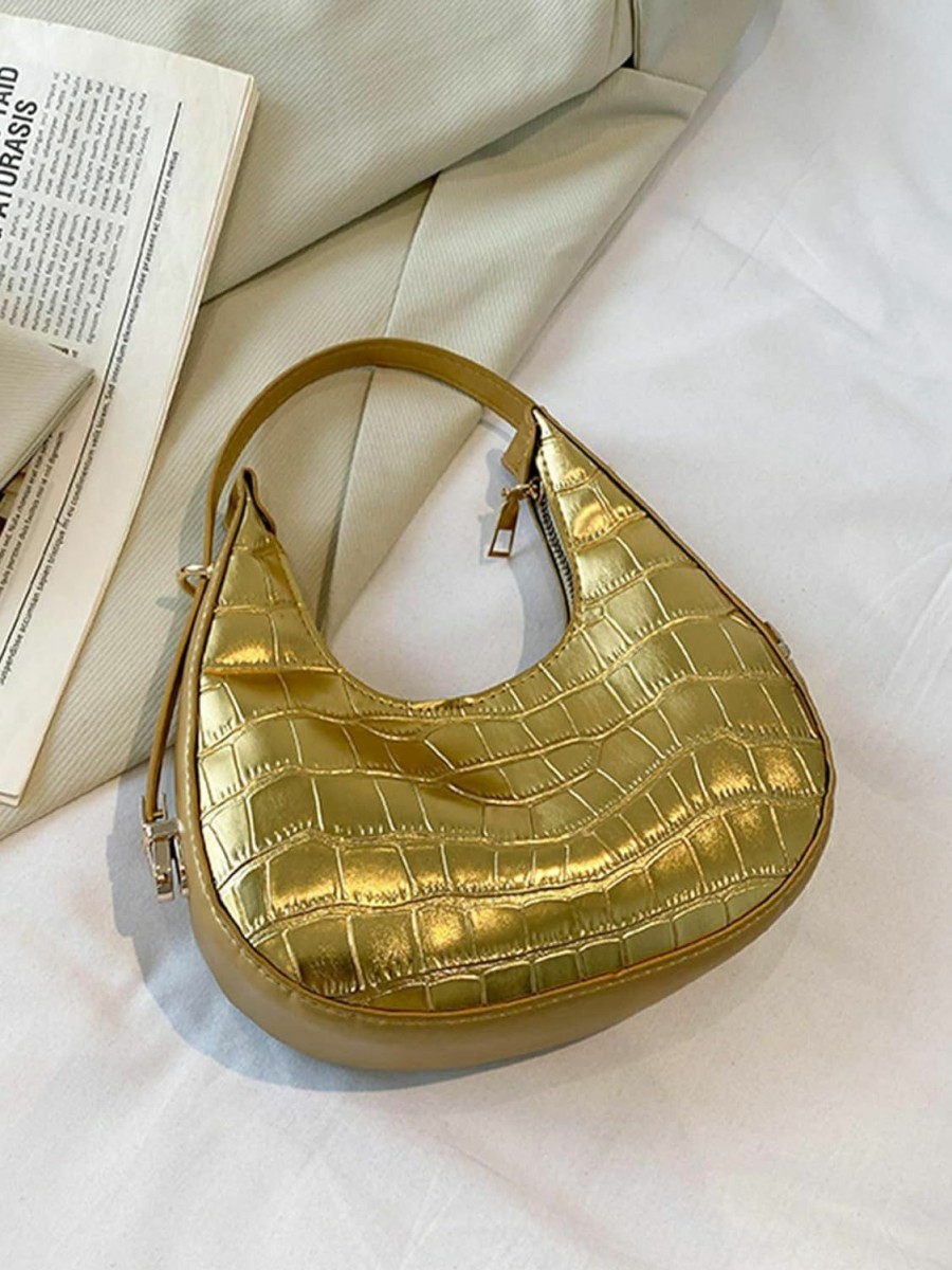 Hobo Handbags | GORGLITTER Gorglitter Women'S Crescent Hobo Bag Metallic Clutch Purse Crocodile Hobo Handbag Shoulder Purse Solid Gold One-Size