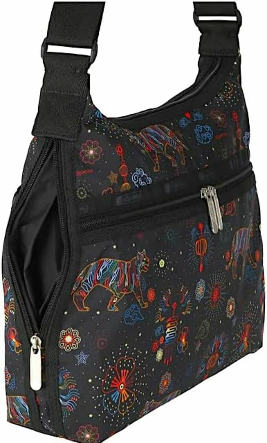 Hobo Handbags | LeSportsac Lesportsac Bright Fortune Large Hobo Crossbody Bag, Style 3710/Color E476, Festive & Colorful Graphics Artfully Arranged Celebrate Year Of The Tiger, Evoking Optimism & Strength, Large Carryall