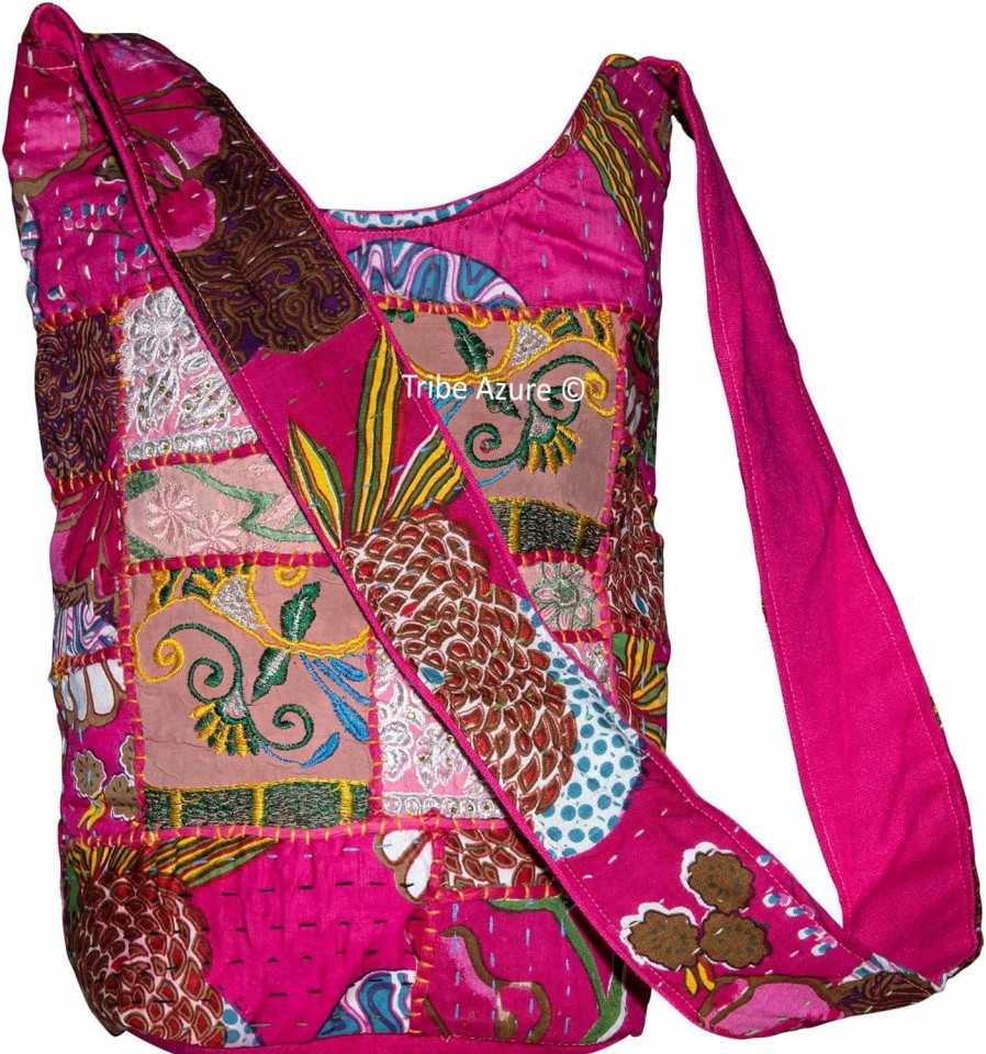 Hobo Handbags | Tribe Azure Fair Trade Tribe Azure Pink Large Floral Hobo Sling Shoulder Bag Cross Body Market Travel Fashion School Roomy