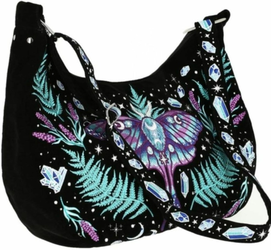 Hobo Handbags | Restyle Restyle Enchanted Forest Hobo Bag Magic Gem Velvet Witchcraft Moth Embroidery