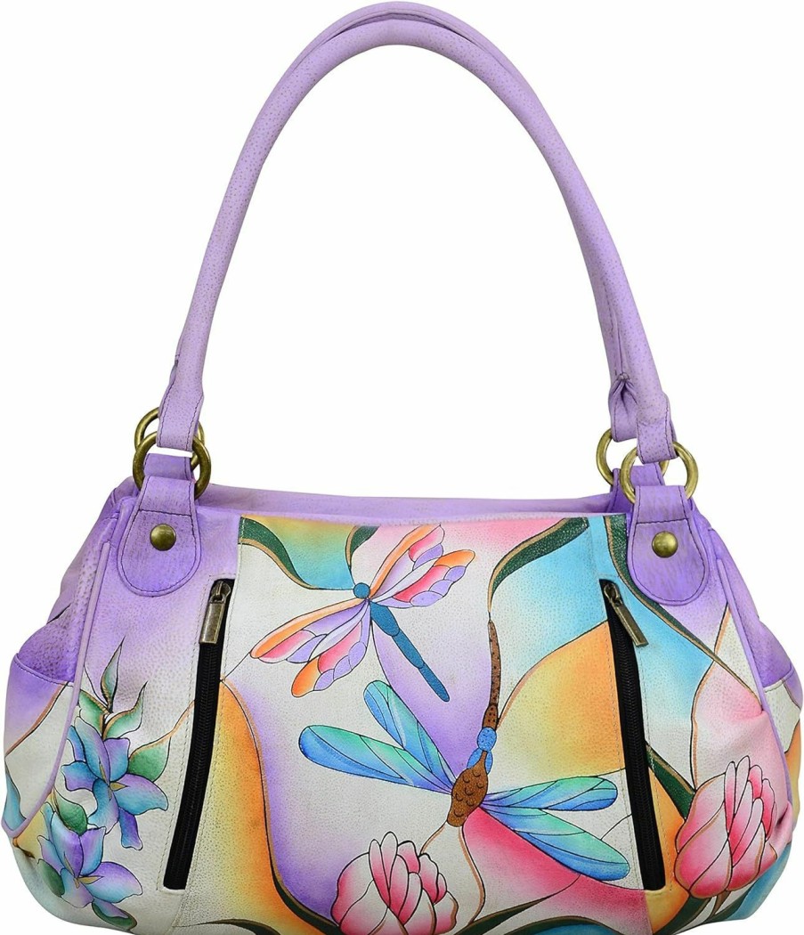 Hobo Handbags | Anna by Anuschka Anna By Anuschka Womens 8064 Anna Anuschka Satchel Ruched Handbag Genuine Leather Dragonfly Glass Painting, Dragonfly Glass Painting, One Size Us