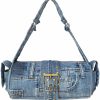 Hobo Handbags | Bijoux de Ja Upcycling Blue Denim Jeans Punk Brass Rivet Studded Buckle Belt Decorative Barrel Shoulder Handle Handbag Purse