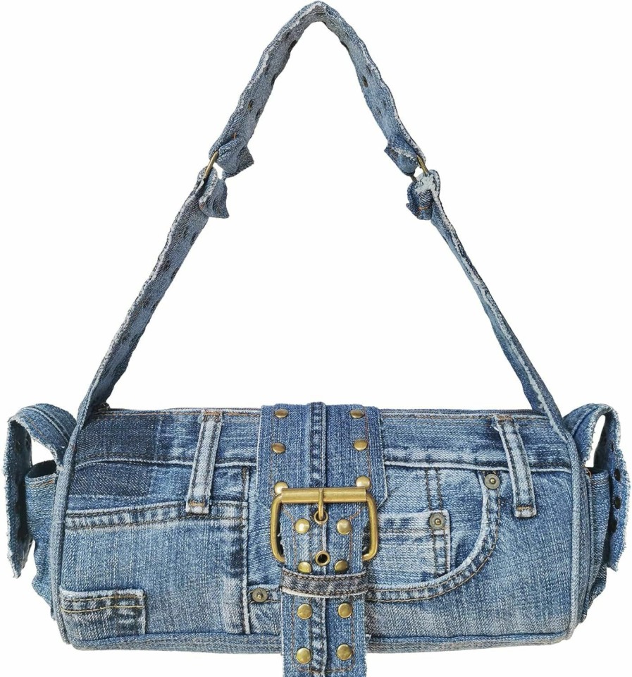 Hobo Handbags | Bijoux de Ja Upcycling Blue Denim Jeans Punk Brass Rivet Studded Buckle Belt Decorative Barrel Shoulder Handle Handbag Purse