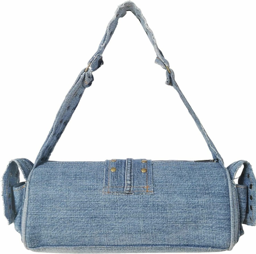 Hobo Handbags | Bijoux de Ja Upcycling Blue Denim Jeans Punk Brass Rivet Studded Buckle Belt Decorative Barrel Shoulder Handle Handbag Purse