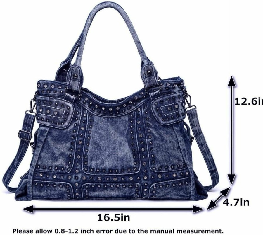 Hobo Handbags | Generic Bouya Women'S Retro Denim Casual Hobo Bag With Rhinestone Studs - Large Capacity Jean Crossbody Bag Shoulder Bag Tote Bag