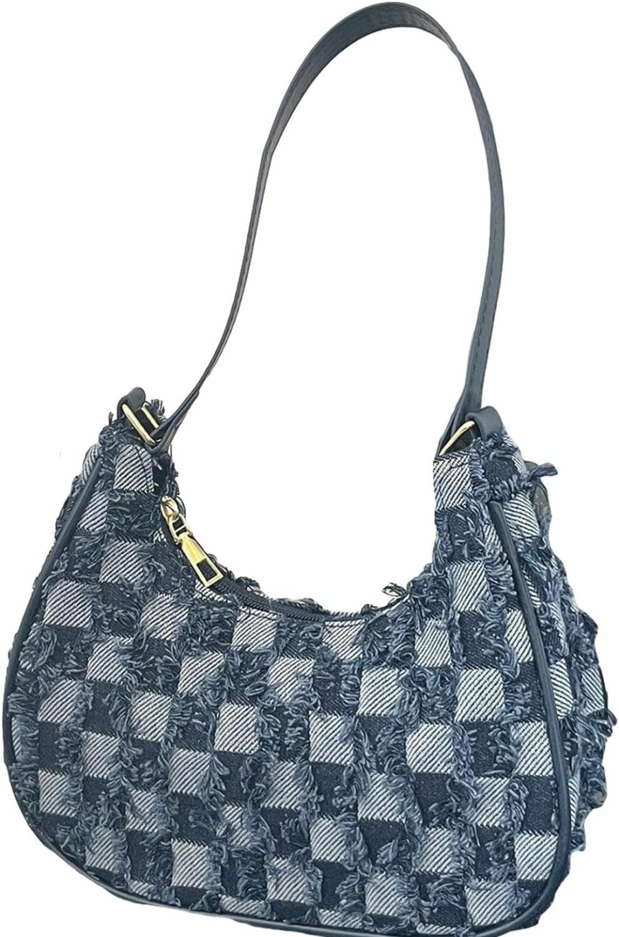 Hobo Handbags | SweatyRocks Sweatyrocks Women'S Plaid Pattern Raw Trim Denim Hobo Bag Top Handle Small Shoulder Handbags Clutch Purse