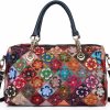 Hobo Handbags | Segater Women'S Multicolor Floral Boston Bag Genuine Leather Splicing Hobo Shoulder Bags