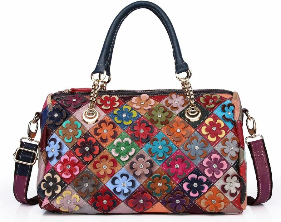 Hobo Handbags | Segater Women'S Multicolor Floral Boston Bag Genuine Leather Splicing Hobo Shoulder Bags