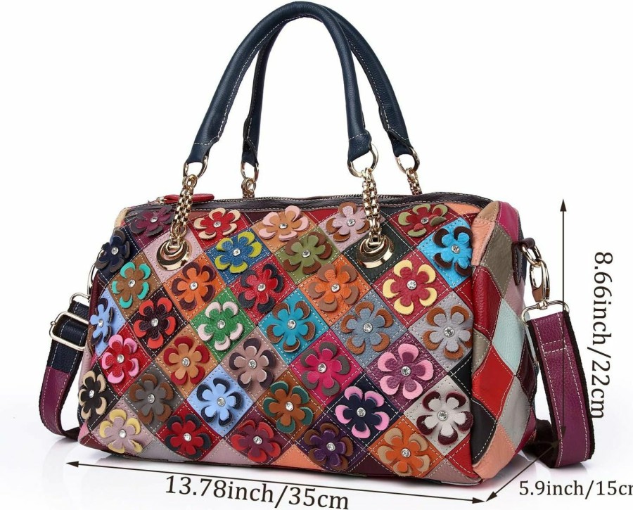 Hobo Handbags | Segater Women'S Multicolor Floral Boston Bag Genuine Leather Splicing Hobo Shoulder Bags