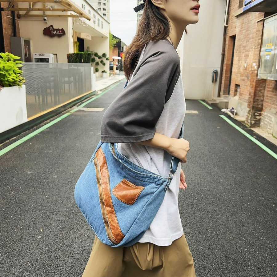 Hobo Handbags | GOQUFOY Goqufoy Denim Purse For Women Men Tote Bag With Zipper Crossbody Blue Jean Purses Canvas Shoulder Bag Hobo Handbag