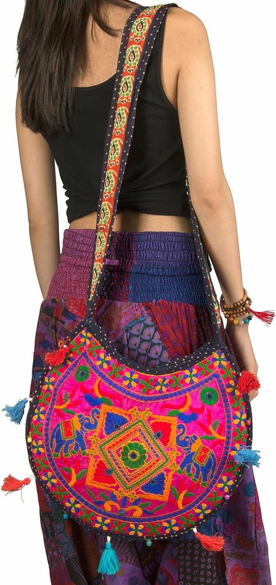 Hobo Handbags | Tribe Azure Fair Trade Floral Colorful Shoulder Bag Crossbody Hobo Satchel Hippie Boho Fashion Women Functional Stylish Everyday