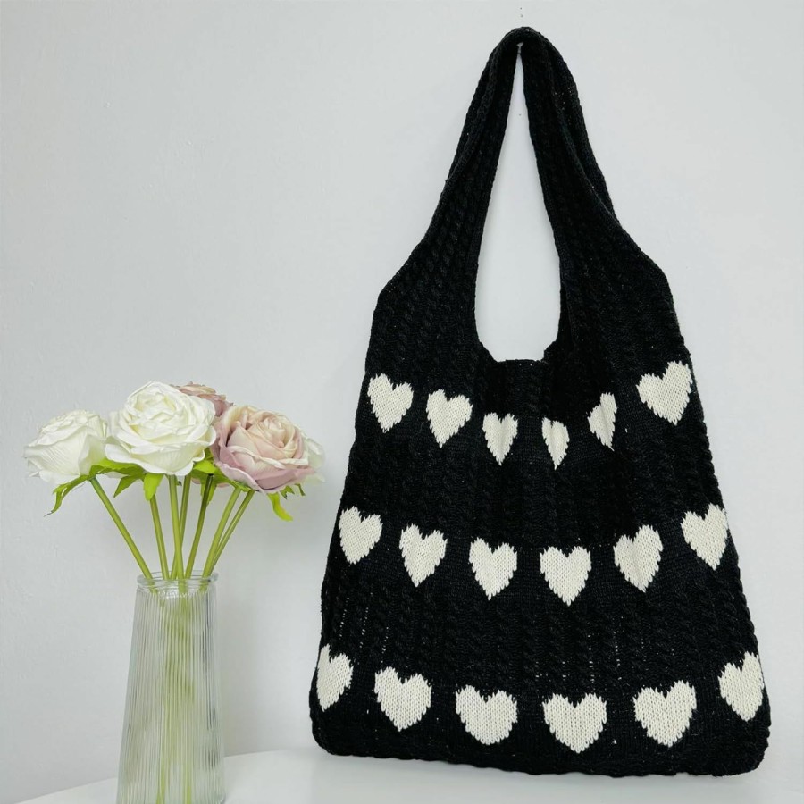 Hobo Handbags | ZEBRAMOL Women'S Crochet Tote Bags Heart Knit Tote Bag Cute Y2K Aesthetic Knitted Shoulder Bag Heart Bag Hobo Bag Beach Bag