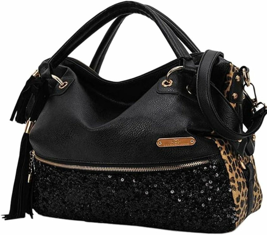 Hobo Handbags | Segater Segater Women'S Leopard Print Black Purse Handbag Hobo Style Sequin Pu Leather Shoulder Bag