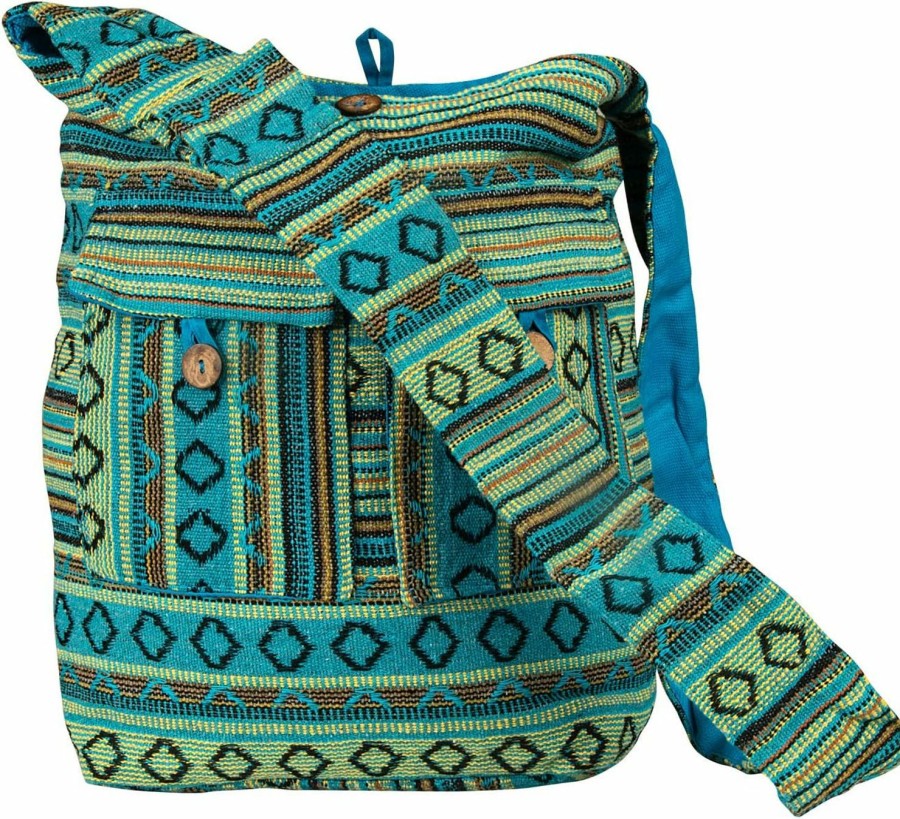 Hobo Handbags | Tribe Azure Fair Trade Tribe Azure Blue Aztec Canvas Large Hobo Cross Body Shoulder Sling Slouch Casual Shopping Market Bag