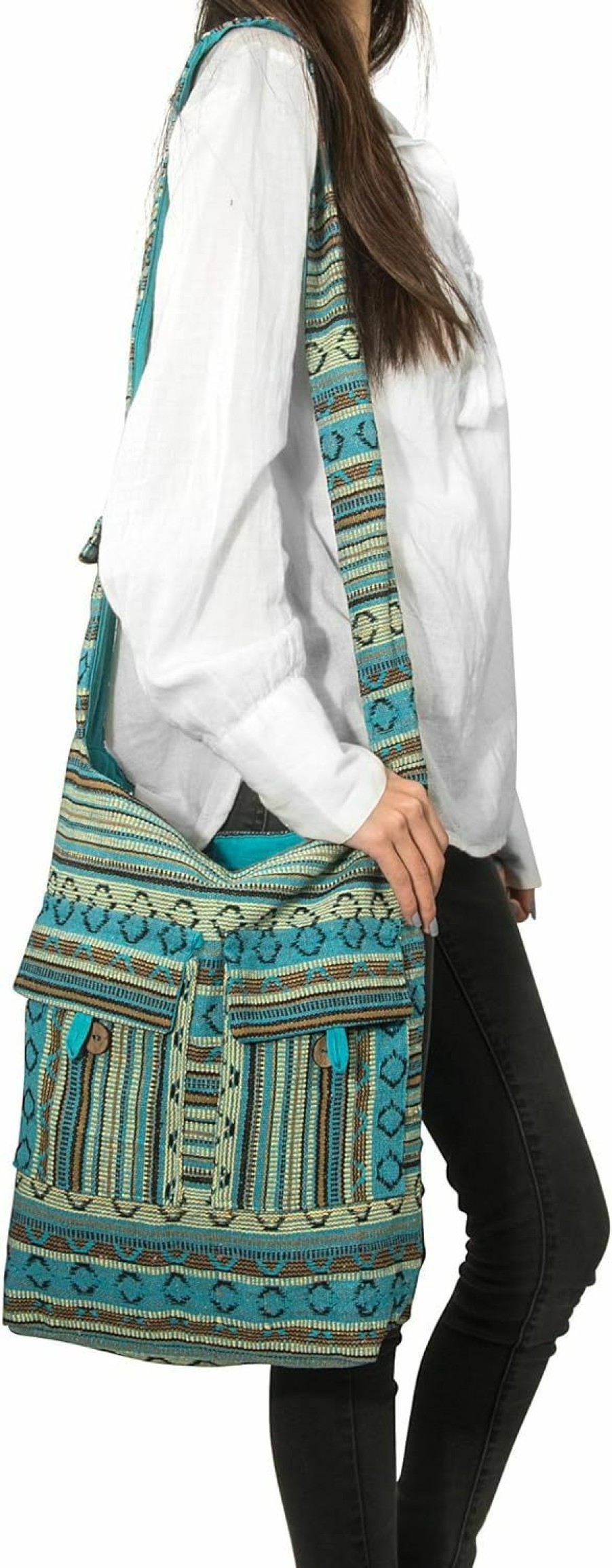 Hobo Handbags | Tribe Azure Fair Trade Tribe Azure Blue Aztec Canvas Large Hobo Cross Body Shoulder Sling Slouch Casual Shopping Market Bag